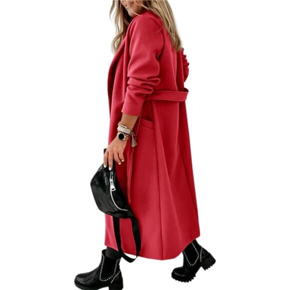 Womens Classic Coat Lapel Collar Open Front Red - Picture 5 of 5